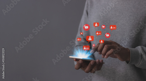 Follow And Comment Social Media Concept, Young Man hand using smart phone mobile, with Social Media, on soft blurred background
