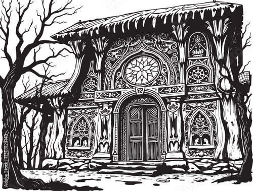 Antique wood architecture, the patterns are made with wood carvings. Hand drawn vector illustration