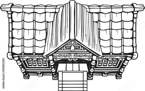 Antique wood architecture, the patterns are made with wood carvings. Hand drawn vector illustration