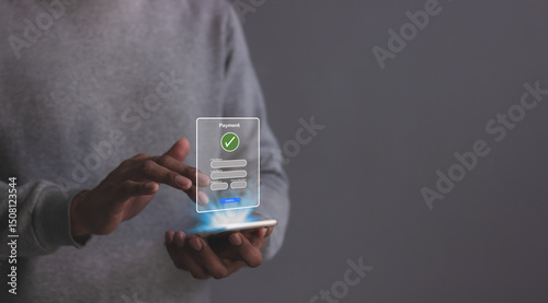 Young Man Hand Using Smartphone For Mobile Payment, Online payment, Digital, and Online shopping, Bank account phone, Mobile banking