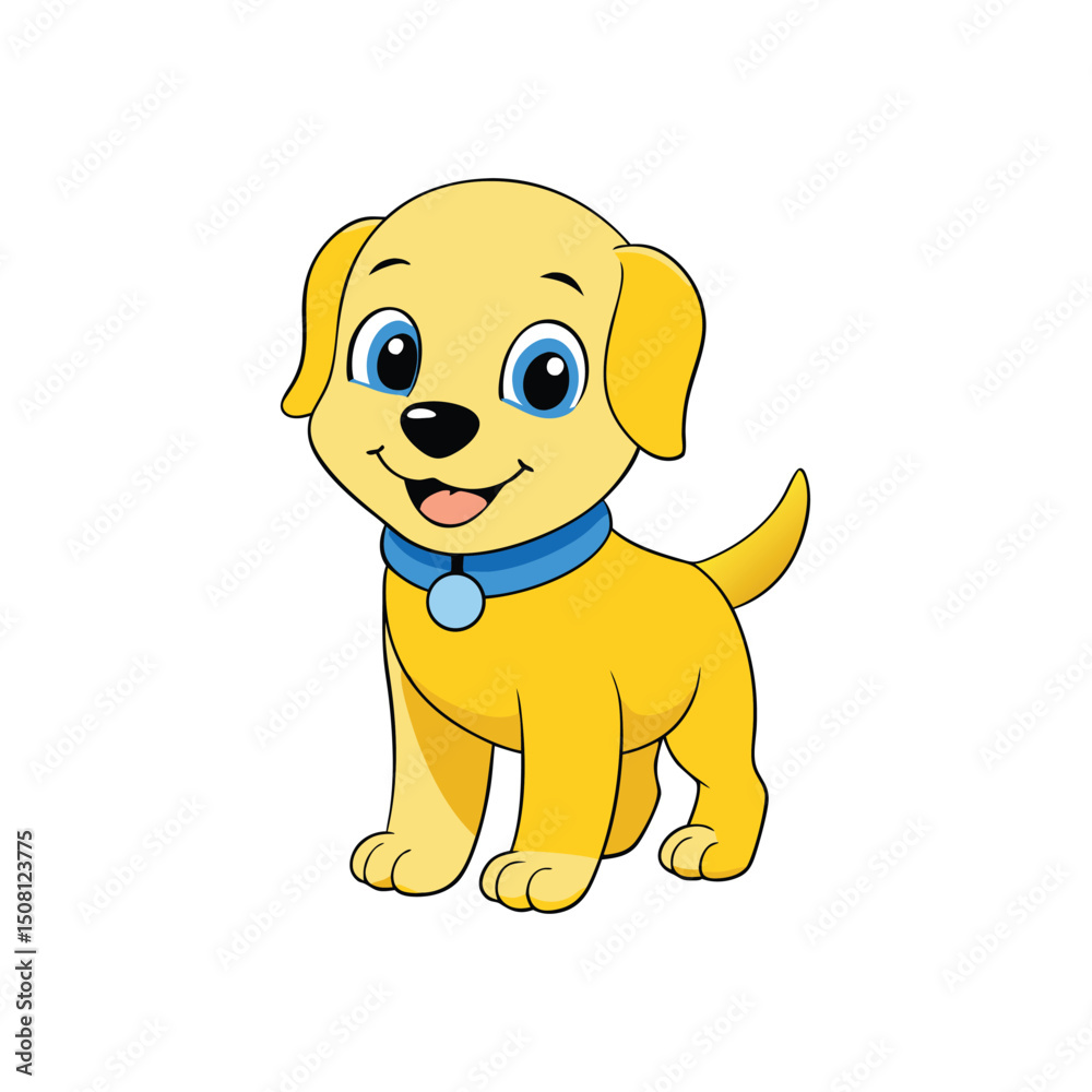 Obraz premium Cheerful Golden Puppy with Bright Blue Eyes and Collar Cartoon Illustration