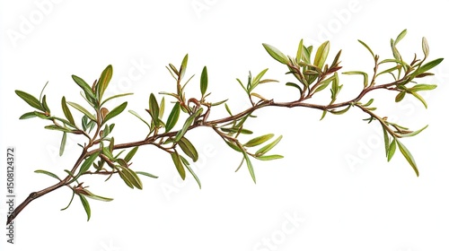 Wallpaper Mural A detailed botanical illustration of a slender, curving branch with small, ovate, light-green leaves, showcasing intricate vein detail against a stark white  Torontodigital.ca