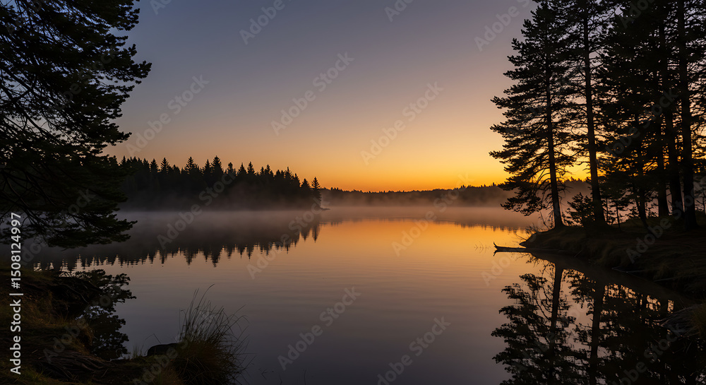 Fototapeta premium Serene Sunrise over Misty Lake with Silhouetted Pines Reflecting in Calm Water
