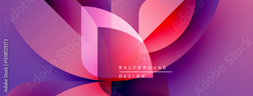 Abstract design features overlapping shapes, vibrant pinks, purples. Modern aesthetic, clean lines, dynamic composition. Background suggests energy, flow.