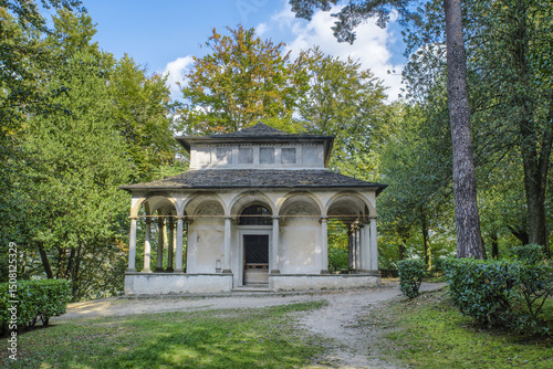 Attraction on Lake Orta, Italy. VI chapel of the Via Crucis at the Sacro Monte di Orta (Sacred Mountain of Orta), UNESCO site, on the hill behind the village of Orta San Giulio