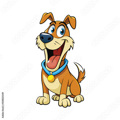 Joyful Cartoon Dog Sitting with Open Mouth Wearing a Blue Collar and Medal