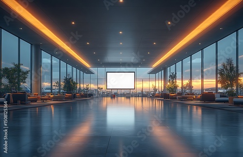 Modern Conference Room Mockup with Sunset View and Large Screen

 photo