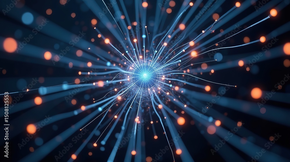 Fototapeta premium Energy pulses travel between nodes in a structured particle matrix, forming a dynamic digital web.