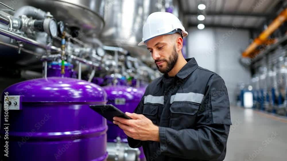 A worker in a helmet and uniform inspects tanks and tanks with chemical components, the inspector checks the data on a tablet. A worker in a helmet and uniform inspects tanks and tanks with chemical components, the inspector checks the data on a tablet.