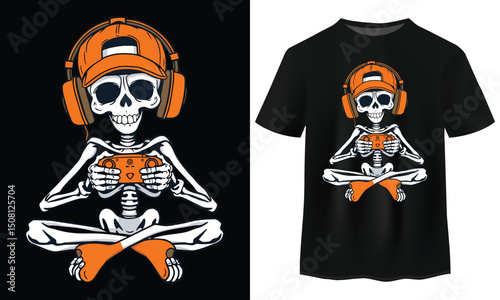 Cool Skeleton Gamer Wearing Headphones and Cap Playing Video Games T-Shirt Design