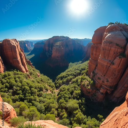 Panorama of impregnable rocks of the canyon surrounded by dense green vegetation under the rays of the midday sun.
