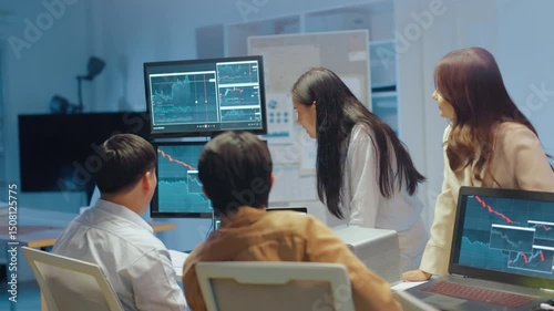 young Asian software development manager leads a late-night office discussion with his executive team, mentoring developers and analyzing source code to guide programming and project development