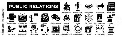 Public Relations icon collection set. Press Conference, Microphone, Handshake, Megaphone, Newspaper