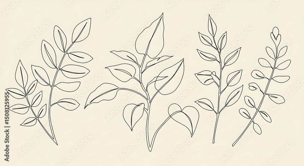 Obraz premium Elegant Minimalist Line Art Botanical Prints Set of Four Floral Branches with Leaves