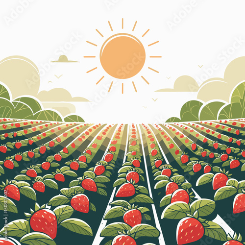 Strawberry field with rows of ripe plants