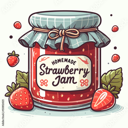 Homemade strawberry jam in glass jar with label