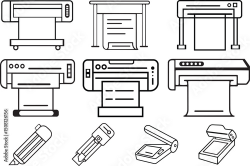 Printer Line Icon Set Large Format Printing, Plotter, Scanner, Cutting Machine Minimal Vector Illustrations