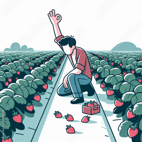 Man in strawberry farm field