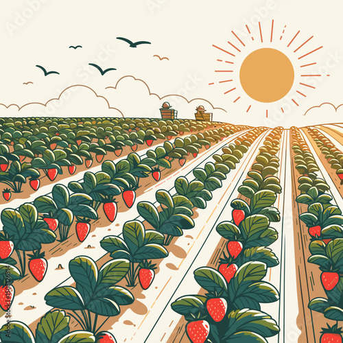Strawberry field with rows of ripe plants