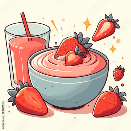 Strawberry smoothie and yogurt bowl in cartoon vector