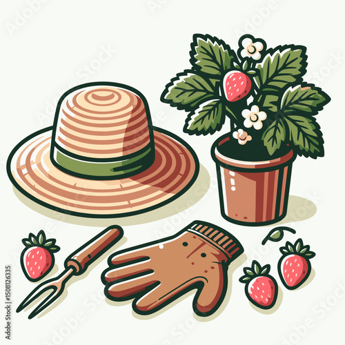 Strawberry plant with garden tools 