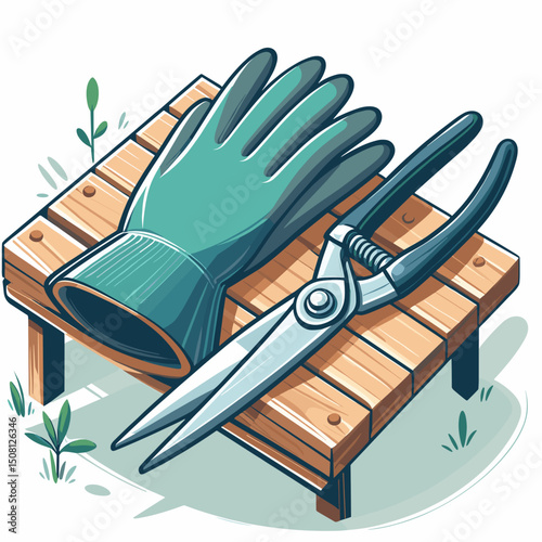 Garden gloves and shears on wooden bench