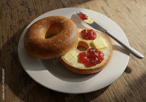 Freshly baked bagel with butter and strawberry jam on wooden table setting, warm morning light, simple breakfast, rustic vibe, delicious spread