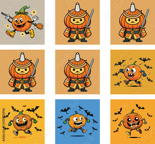 Halloween Pumpkin Cartoon Character Collection Ninja Samurai And Witch With Broom