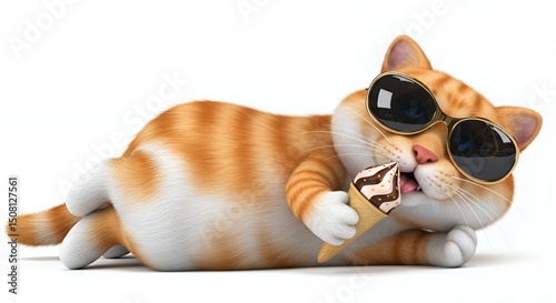 Orange and White Cat Wearing Sunglasses Lying Down Holding an Ice Cream Cone on a White Background with Blue Eyes