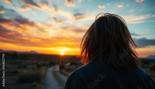 Person Watching Colorful Desert Sunset Landscape and Herd Along Path