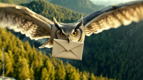 An owl with a letter in its beak flies over the mountains against the blue sky. The bird conveys the message, the owl as a symbol of the messenger