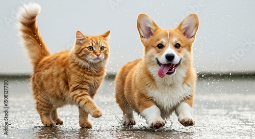 Happy Orange Cat and Smiling Corgi Running Together in The Rain Isolated on White Background in Bright Studio Lighting With Fur Details