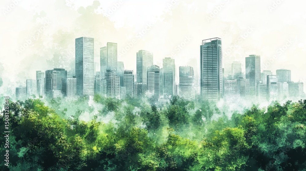 Obraz premium Serene Cityscape Watercolor Painting Lush Green Foliage and Urban Harmony