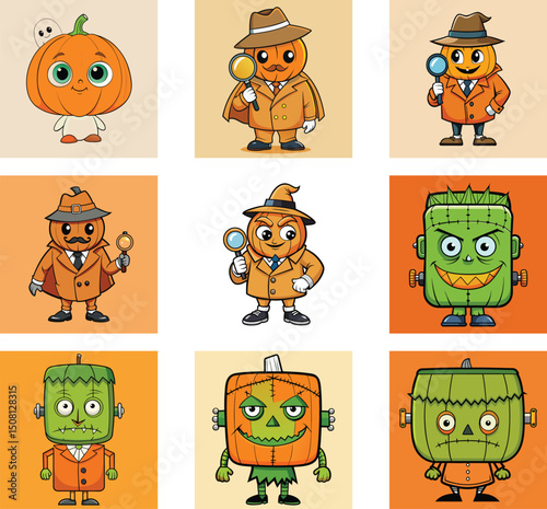 Cartoon Halloween Monsters Pumpkins And Detectives Collection Featuring Spooky Characters And Autumn Themes