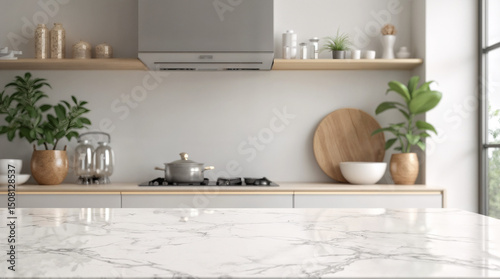 Modern luxury white kitchen tabletop with decors and copy space for montage your product display over blurred modern kitchen space in the background. 3d rendering, 3d illustration