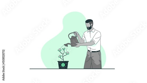 Entrepreneur Watering Money Plant – 4K Animation of Growing Investment and Financial Growth