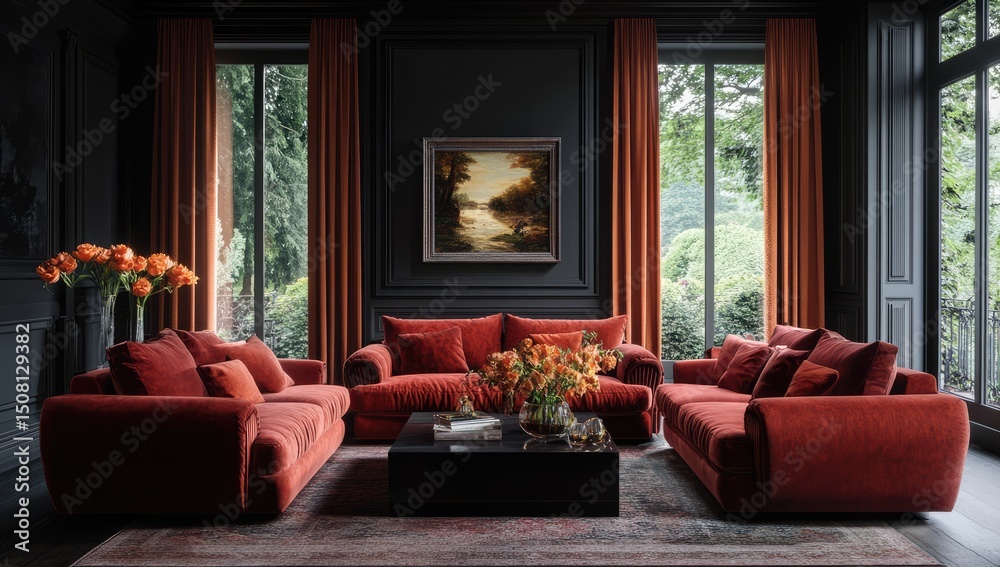 Fototapeta premium A dark living room with red velvet couches, black walls, wall art, a rug, plants, a large window on the right side of the frame, warm lighting, and a large coffee table in the center of the room.