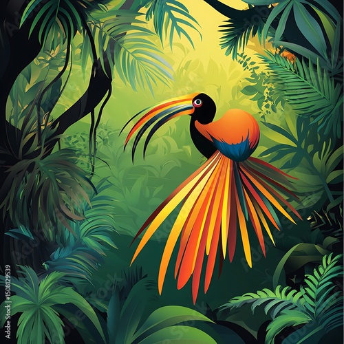 Vibrant tropical bird in a lush jungle setting.