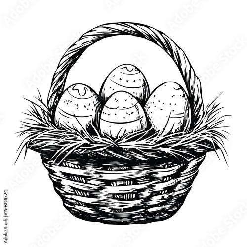 Easter Blessings in Every Basket vector silhouette, Easter Basket Filled with Patterned Eggs Silhouette Vector Illustration