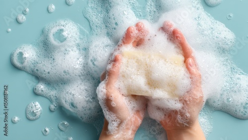 Hands holding a bar of soap in suds
