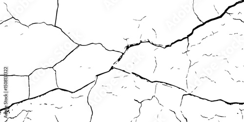 "Abstract cracked texture: distressed, grunge, broken, damaged, weathered, aged, surface, pattern, wall, earth, drought. Black & white graphic"