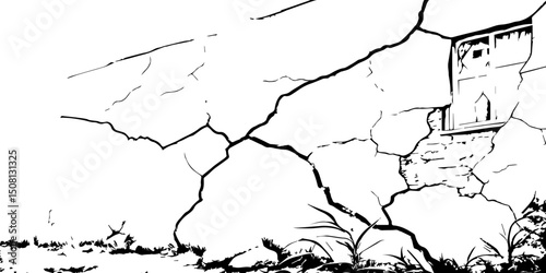 "Abstract cracked texture: distressed, grunge, broken, damaged, weathered, aged, surface, pattern, wall, earth, drought. Black & white graphic"