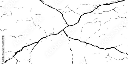 "Cracked surface lines spreading organically across a white background, high-contrast black and white texture, resembling shattered glass or dry earth fractures — ideal for abstract design or overlays