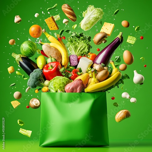 Colorful produce spills from a vibrant green shopping bag.