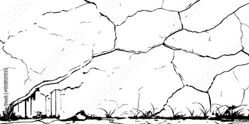 "Cracked surface lines spreading organically across a white background, high-contrast black and white texture, resembling shattered glass or dry earth fractures — ideal for abstract design or overlays
