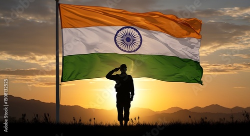 Indian Flag Sunset Salute, Soldier's Patriotic Silhouette, 78th independence day of India celebration 