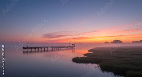 Serene Sunrise over Misty Lake with Wooden Pier and Pavilion