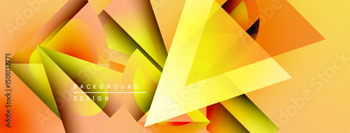 Abstract geometric shapes overlap, creating vibrant orange, yellow gradients. Design features sharp angles, dynamic composition. Modern background texture.