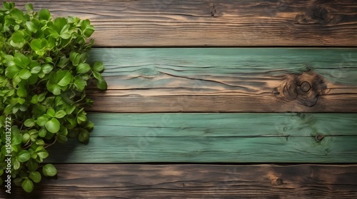 Rustic wooden table showcasing thriving green plant testament to nature.generative.ai
