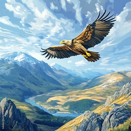 Majestic eagle soaring above a mountain valley.